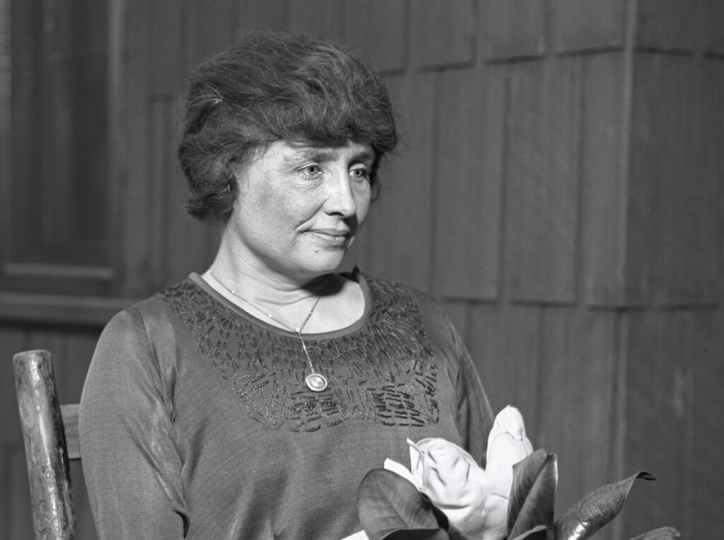 A black and white restored picture of Helen Keller