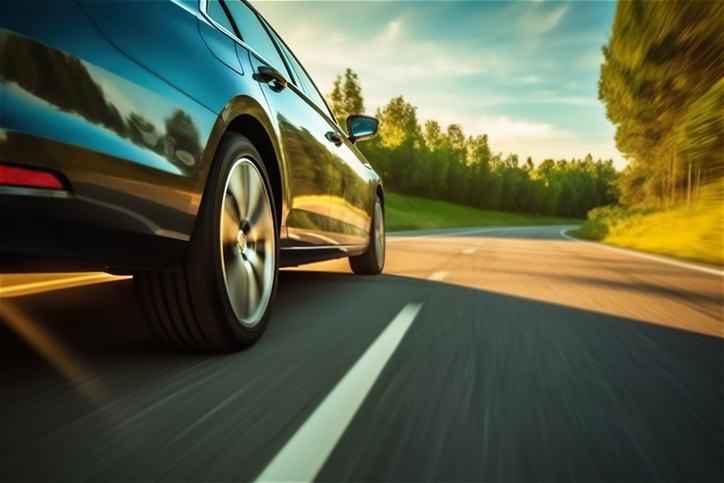 Car rushes along the highway at sunset