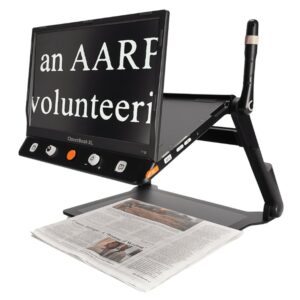 CloverBook-Pro-XL-side-view-with-book-on-base-displaying-on-screen