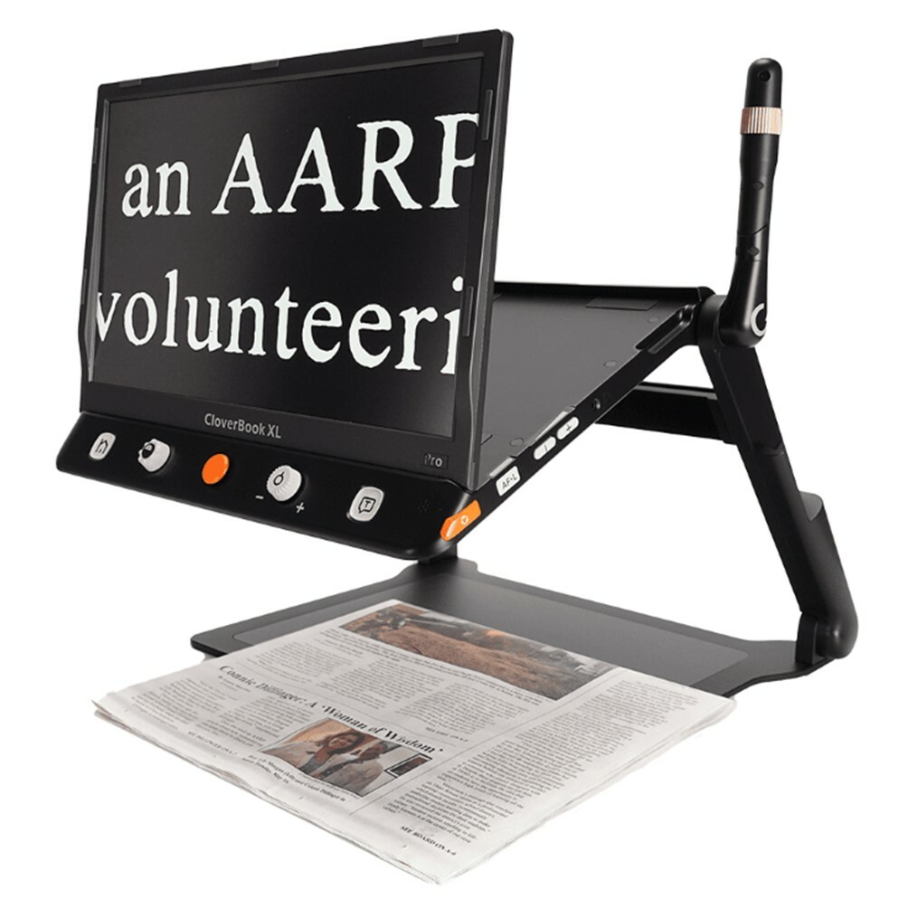 CloverBook-Pro-XL-side-view-with-book-on-base-displaying-on-screen